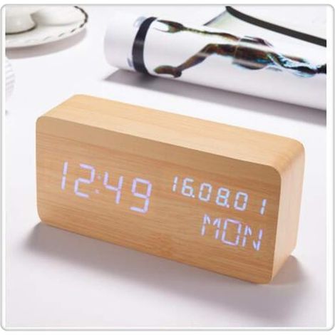 Réveil LED Cube Horloge en Bois Commande Vocale Électronique (1/2)
