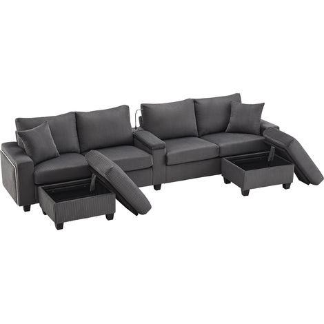 Divano U a 4 posti in tessuto grigio con 2 pouf, LED, USB e Type-C 334 x 128,5 x 81 cm (1/5)
