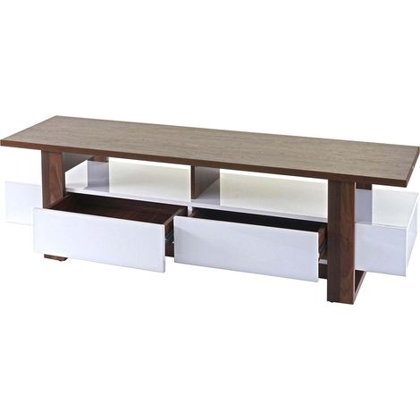 Estantería TV HHG-096, mesa TV mueble bajo, estructura 3D aspecto nogal alto brillo 46x150x45cm (1/5)