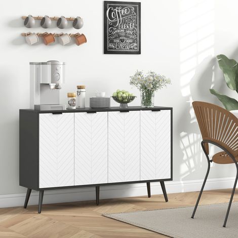Noir Blanc 120x35x77,4 cm - Buffet 4 portes Salon Étagères réglables Pieds en bois conçu pour cuisine et