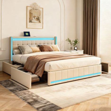 BILLIA Lit 140x190 lin beige avec 4 tiroirs, LED réglable, tête de lit rangement, USB & Type-C