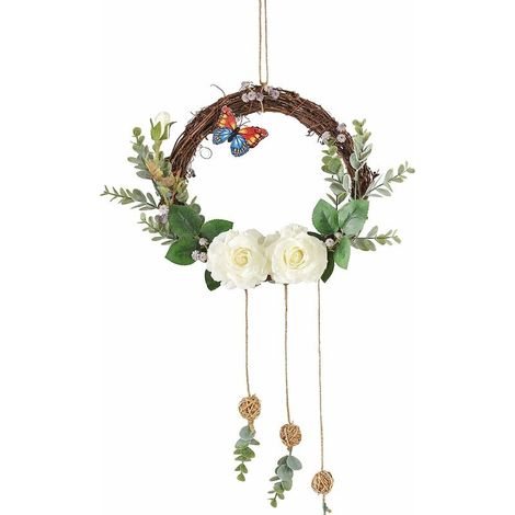 royaluxe- Couronne de pivoines artificielles de 55,9 cm avec papillon en rotin, guirlande printemps/été pour porte d'entrée, mur de maison, décoration à suspendre, marron (1/5)