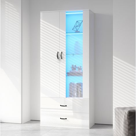 Vitrine LED FLORAGRACE blanche, 2 portes, 2 tiroirs, 5 compartiments, 59,5 x 35 x 182 cm (1/5)