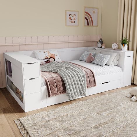 Cama infantil de 90x190 cm - con cajones y espacio de almacenamiento - blanco - de MDF - sin colchón (1/5)