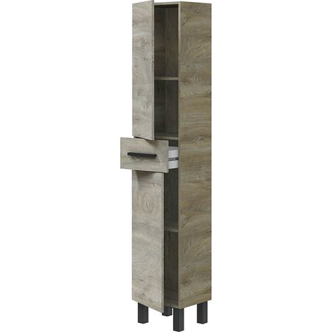 Schrank Alka, eine Schublade, 3 Regalböden, 2 Türen, 35x31x182h cm Eiche Grau Braun