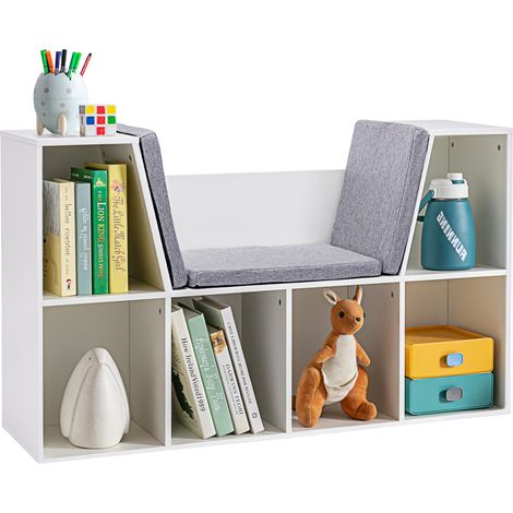 2-in-1 Kinderregal Regal + Sitzbank inkl. Polster 103 cm × 30 cm × 62 cm Weiß + Grau (1/4)