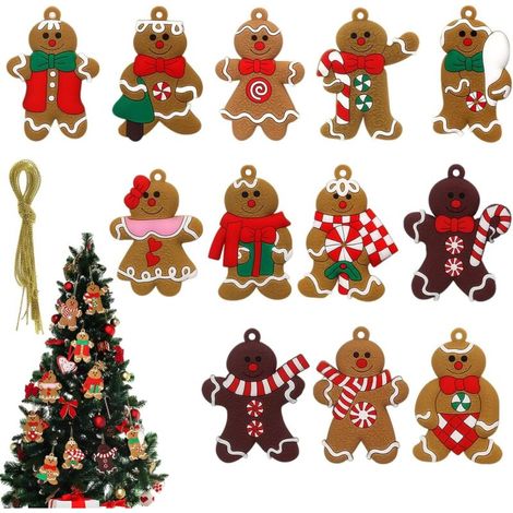 XEPHO Decoration Sapin de Noel 12 Pièces 5-7CM Bonhomme Pain d'épice avec Corde de Suspension Ornements Pain d'Épice Suspension,pour Les d'arbre de Noël,Les Cadeaux de Noël (1/5)