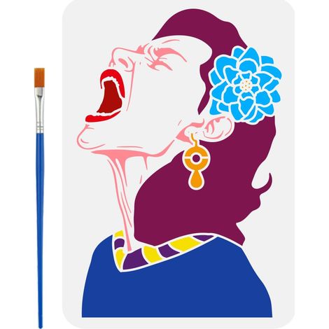 Pochoir de Peinture Femme Qui Crie Avec Pinceau Grande Fleur et Boucle D'Oreille Modèle de Thème pour Murale (1/5)