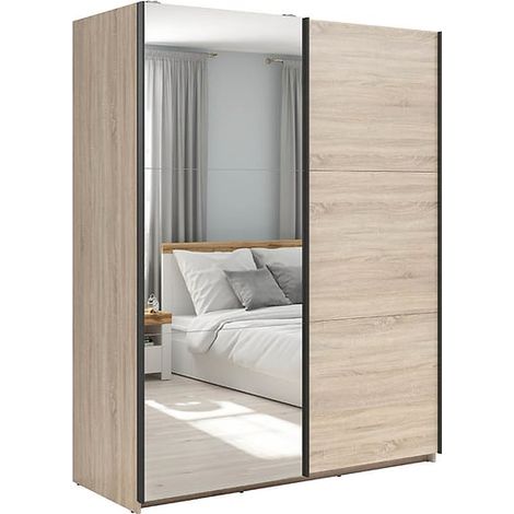 Armoire coulissante avec miroir coloris chêne Sonoma - Longueur 153,5 x Profondeur 60 x Hauteur 195,5 cm (1/4)