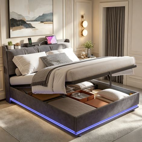Lit rembourré avec coffre de rangement 160 x 200 cm – Bande LED sous le lit – Sommier à lattes – Velours – Convient aux adultes et aux adolescents –gris (1/5)