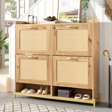 Meuble à chaussures 108.5x24x100 cm avec 4 portes en rotin cadre en métal et étagère supérieure, en bois, couleur bois naturel (1/5)