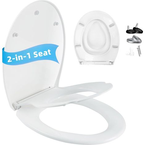 SièGe Toilettes Familial Avec Rehausseur Pour Enfant, SièGe Wc Ovale 2-En-1 En Plastique Pp, SystèMe Fermeture Douceur, Fonction DéMontage Rapide, Montage Facile, Capacité De Charge De 150 Kg,Blanc (1/5)