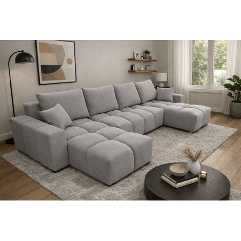 Canapé d’angle panoramique convertible COLINIA effet nuage en tissu - 6 places - 325 cm - Gris clair (1/3)