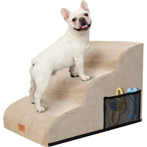 Escalier pour Chien et Chat Rampe en Mousse Haute Densité 3 Courbes Tapis Antidérapant Lavable avec Poche de Rangement Marron Clair (1/5)