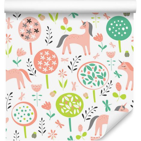 Carta da parati con unicorni e piante colorate per soggiorno e camera da letto 50x1000 cm (1/5)