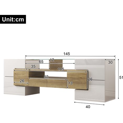 Meuble TV design moderne, bas buffet blanc brillant 145 cm, éclairage LED intégré, meuble salon élégant avec façade en verre. (1/5)