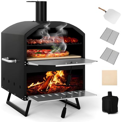 COSTWAY Forno per Pizza da Esterno, Forno a Legna per Pizza a 2 Strati con Pietra Quadrata, Pala per Pizza, Griglie da Cucina e Copertura, Forno Portatile per Campeggio, Giardino e BBQ (Modello 2) (1/5)