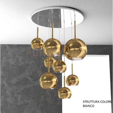 SOSP. BIANCO TONDA 8 LUCI VETRI (1 GRANDE+2 MEDIO +5 PICCOLO) TUTTI ORO 1155BI-S8 TMIX-OR