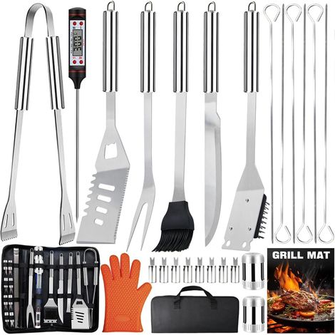 Ustensiles Barbecue en INOX, Accessoires Grille Portable, Kit d'outils BBQ pour Camping et Cuisiner d’Extérieur (1/5)