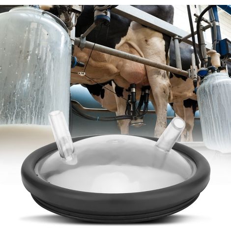 Couvercle et joint transparents en plastique pour seau à lait et machine à traire (deux couvercles ouverts). (1/5)