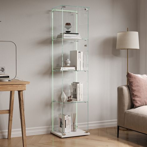 Vetrina in vetro temperato – Vetrina espositiva moderna a 4 livelli con Fascia luminosa a LED, design elegante e trasparente per tutti gli stili di casa, base bianca, 39.8x35x163 cm