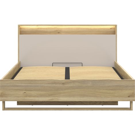Lit coffre avec rangement, lit double 2 places 160x200 cm avec sommier coloris Chêne mauvella / Beige - Longueur 218 x Hauteur 100 cm (1/4)
