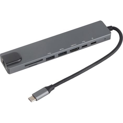 Hub USB‑C 8‑in‑1 Dock Adaptateur HDMI RJ45 Lecteur de Cartes Aluminium Gris (1/5)