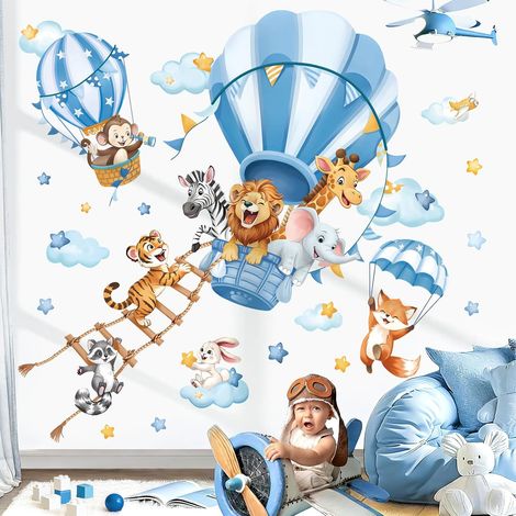 Stickers Muraux Animaux Montgolfière Bleu Autocollant Mural Lion (1/5)