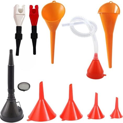 Juego de 8 embudos para combustible, embudo multifuncional para aceite de motor y gasolina, con manguera y boquilla extraíble, para coche, taller y hogar. (1/5)