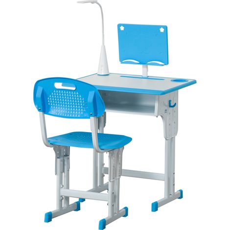 Table bureau enfant réglable en hauteur avec chaise et lumière, acier MDF gris 6-12 ans (1/5)