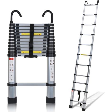 Echelle Télescopique Aluminium Avec Crochet Escabeau Argent Multifonction Portable Pliante 3,2m (1/5)