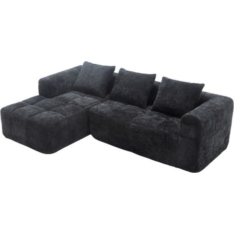 Canapé L Chenille noir, 3 places, chaise longue, 3 coussins (1/5)