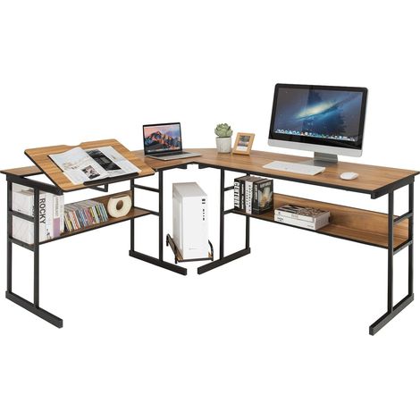 COSTWAY Bureau d'Ordinateur d'angle 170 x 150 cm, Table de Bureau avec Plateau Inclinable, Étagère Inférieure, Support UC, Poste de Travail pour Bureau, Studio (Noyer)