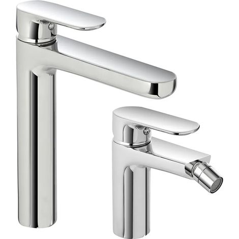 Set miscelatori lavabo alto e bidet Kreo in ottone cromato con piletta (1/5)