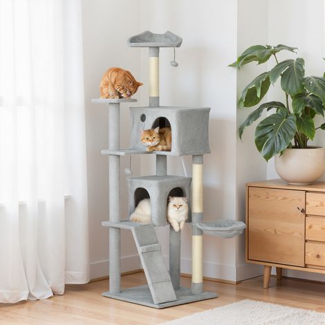 Katzenbaum, Spielturm für Katzen, Plattformen, Verstecke, Bett, Hängematte, Leiter und Sisal-Kratzstämme, 56 x 56 x 180 cm, grau