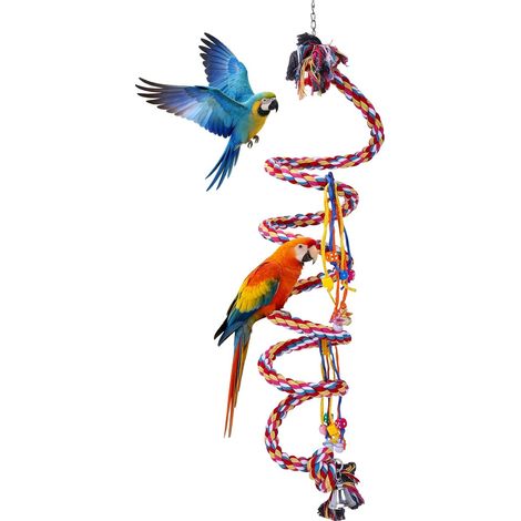 Jouets pour grands perroquets - Balançoire en corde de coton robuste de 280 cm, jouet suspendu en spirale avec clochette et acrylique pour aras, cacatoès, gris du Gabon, jouets d'enrichissement pour p (1/5)