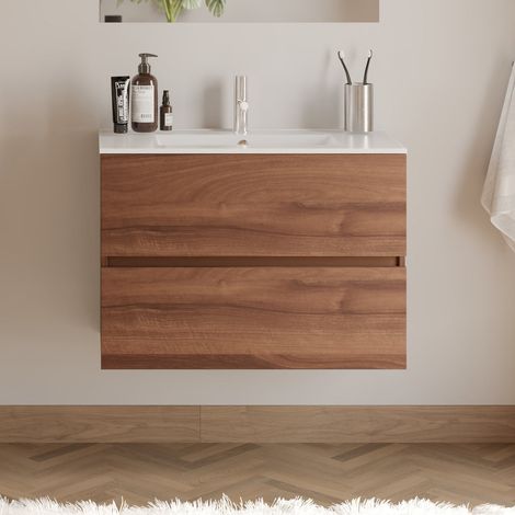 Meuble de salle de bain 60cm simple vasque - 2 tiroirs - sans miroir - noyer (bois foncé) - IDA (1/4)
