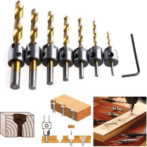 Fraise Bois Mèche à Bois Foret Conique HSS Acier à Haute Vitesse à Bois Aésoir Chanfreinage (7pcs, 3-10mm) Avec Clé Hexagonale (1/4)