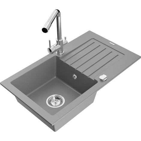 Mexen Pablo 1 Becken-Granitspüle mit Abtropffläche und Mischbatterie Duero, Grau - 6510-71-671600-00
