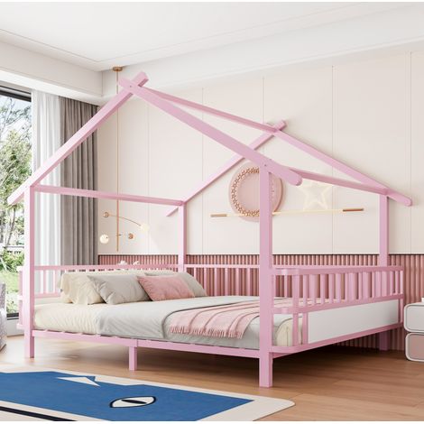 Cama infantil de metal 140 x 200 cm en forma de casa con barreras de seguridad, rosa OKMYHOME (1/5)