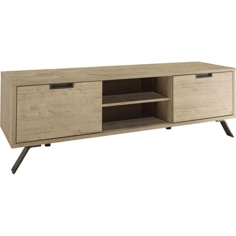 PALAMO - Meuble TV 2 Portes Aspect Bois Pieds Métal Gris Foncé