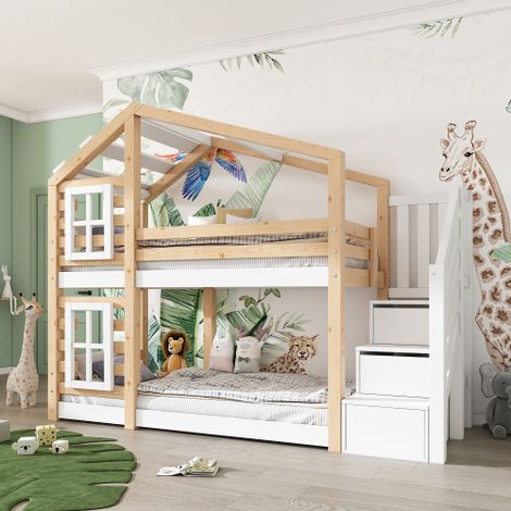 Lit superposé - lit cabane - lit 90x200 cm avec rangement, protection et 2 sommier - naturel et blanc - sans matelas (1/5)