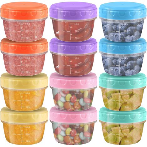 12 mini recipientes de plástico herméticos (77 ml) con tapa, ideales para compotas, purés, yogures y helados. (1/5)