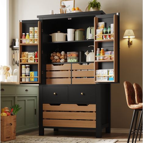 Aparador de cocina (80x40x140 cm), con dos puertas y cinco cajones, almacenamiento amplio, MDF y metal, negro (1/5)