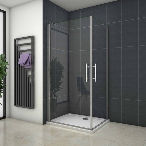 Cabine de douche battente verre trempé clair Ep.5mm - 90x90x180cm - 2 portes pivotantes à 180°- Chromé - Réversible - L'accès en angle (1/5)