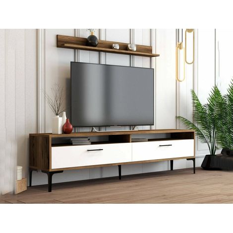 Dmora - Parete attrezzata Oho, Composizione soggiorno, Mobile salotto multiuso, Armadio porta TV, 180x35h47 cm, Noce e Bianco (1/5)