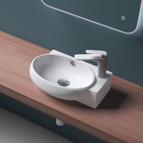 Durovin Bathrooms Ceramic Basin - Wall Hung or Counter Top Mount Sink - Single Corner Tap Hole With Overflow - 420 x 280 x 150mm (WxDxH)