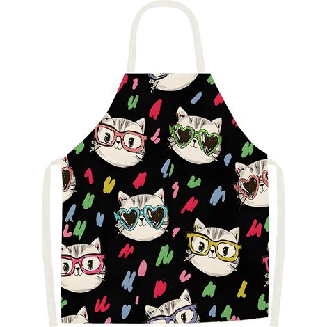 Delantal de cocina personalizado con estampado de gatos, de lino/algodón, ajustable, resistente a las manchas, apto para barbacoas y pintura. (1/5)