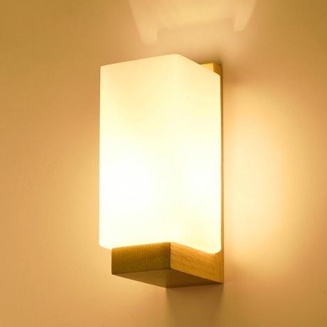 Applique Murale Intérieure Bois, Lampe Murale Vintage Abat-Jour en Verre, E27 Luminaire Mural Carré pour Chambre Salon Couloir Escalier (Ampoule Incluse) (1/5)