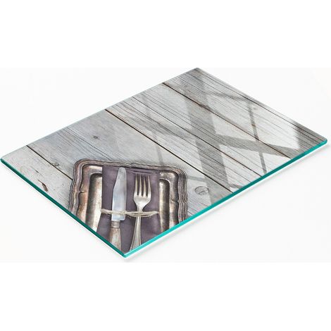 Elegante e resistente tagliere in vetro con stampa di posate su tavola, 80x52 cm. (1/5)